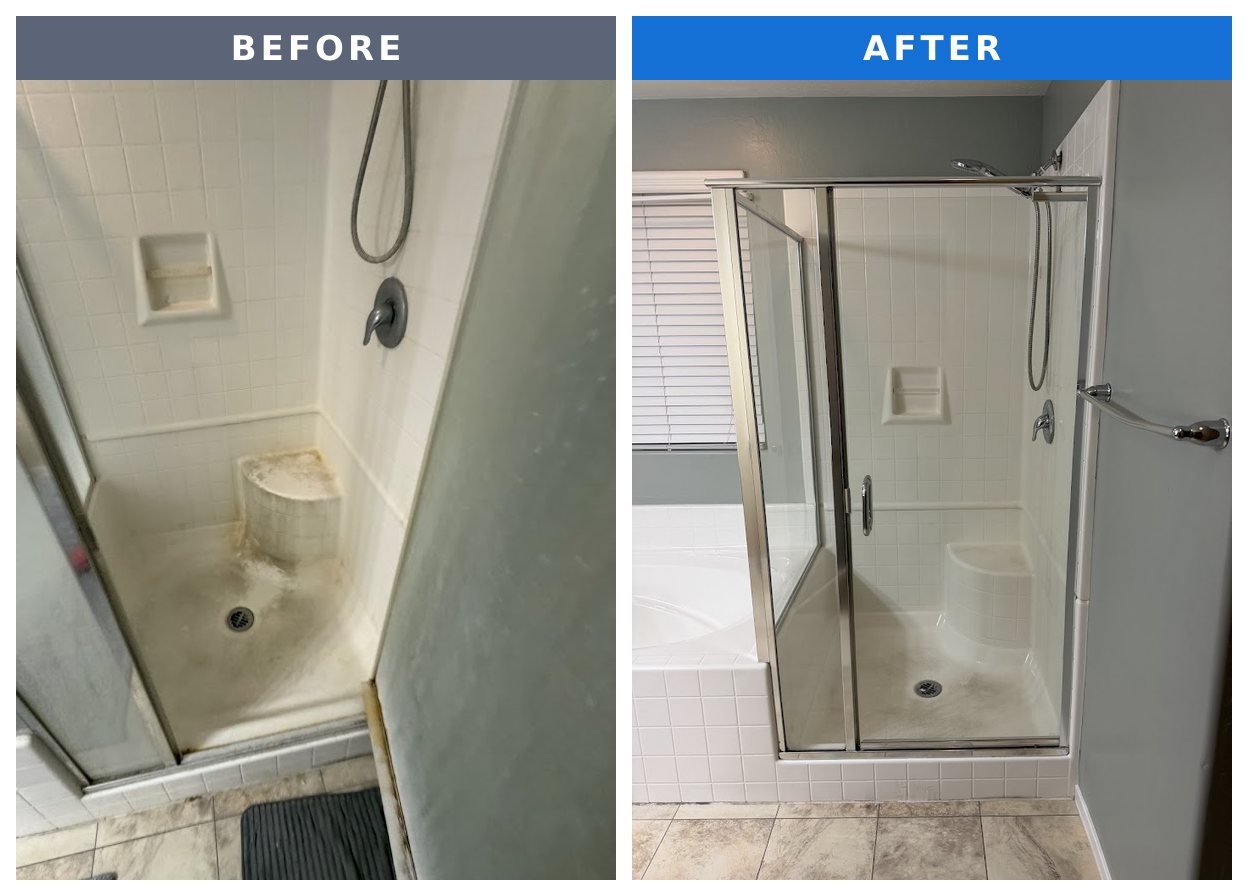 Before and after: a walk-in shower with rust and hard-water stains on the floor and seat, next to the same shower cleaned with clear glass doors